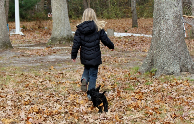 Puppy running with girl